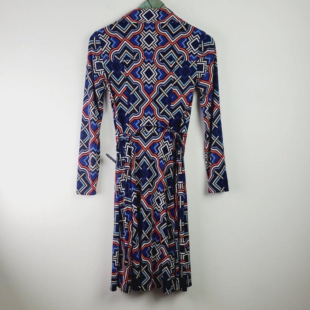 Vintage Cache Full Print Geometrical Belted Full Snap Front Dress XS - Picture 9 of 11